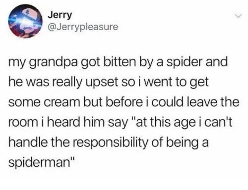A screenshot of a tweet from user Jerry (@Jerrypleasure) showing a humorous anecdote about a grandfather who was bitten by a…