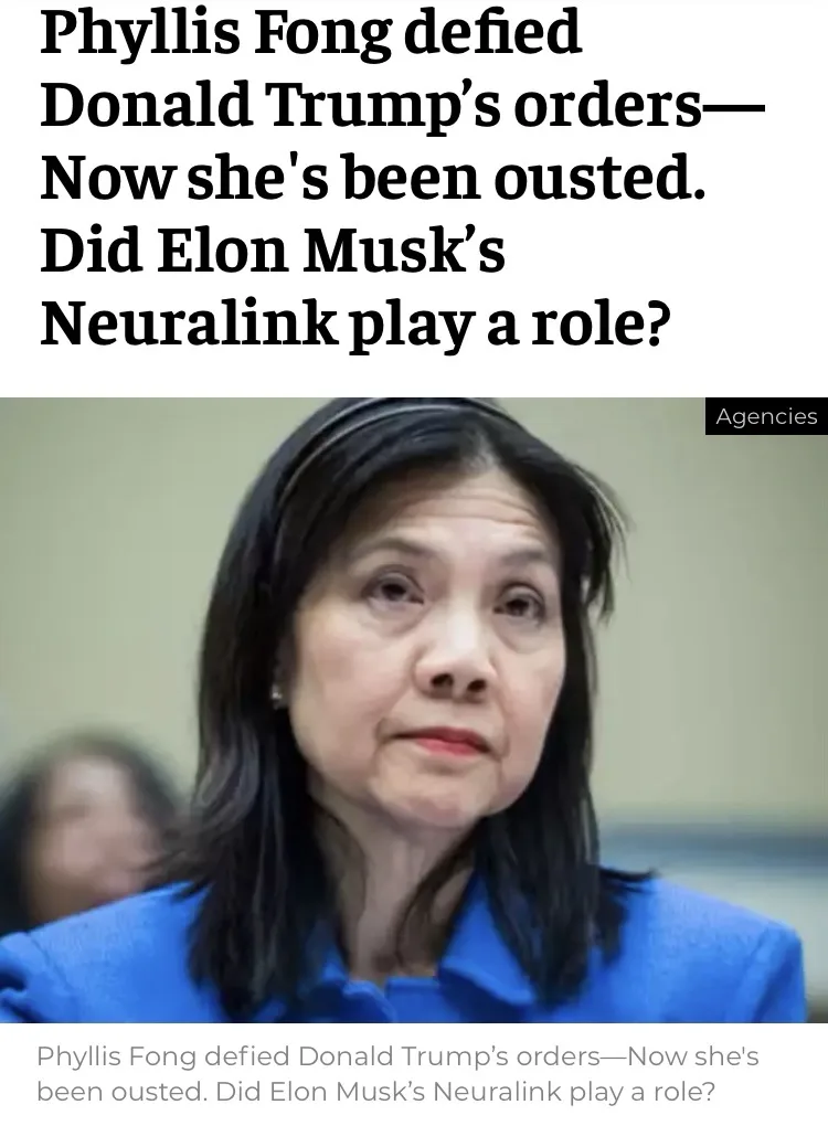 A news headline overlaying a photo of Phyllis Fong, a woman with dark hair wearing a blue collared shirt, looking serious…