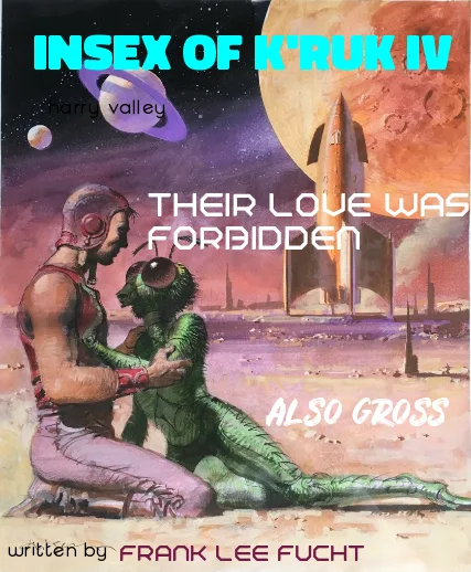 A vintage sci-fi illustration depicts a humanoid man in a helmet and a green-skinned alien creature embracing on a desert…