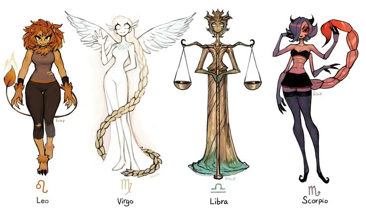 Four illustrated zodiac characters: a lion-headed woman labeled 'Leo', a winged woman with a long braid labeled 'Virgo', a…