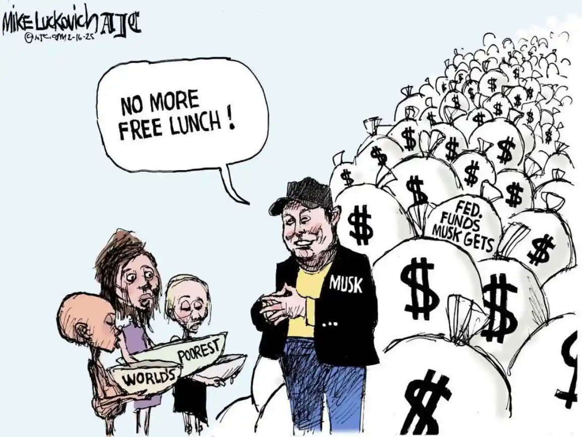 A cartoon depicts a man labeled 'MUSK' standing before a mountain of money bags, one labeled 'FED. FUNDS MUSK GETS', while…