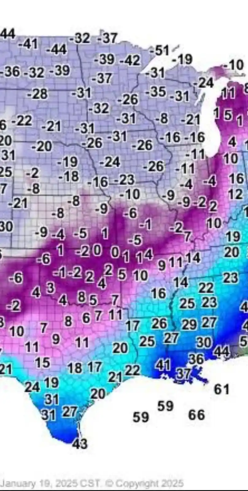 A weather map of the United States shows extreme temperature variations, with deep purple and blue areas indicating freezing…