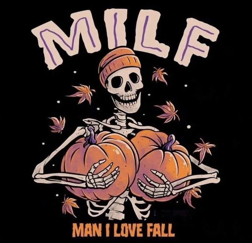 A cartoon skeleton wearing an orange beanie holds two pumpkins, surrounded by falling autumn leaves against a black…