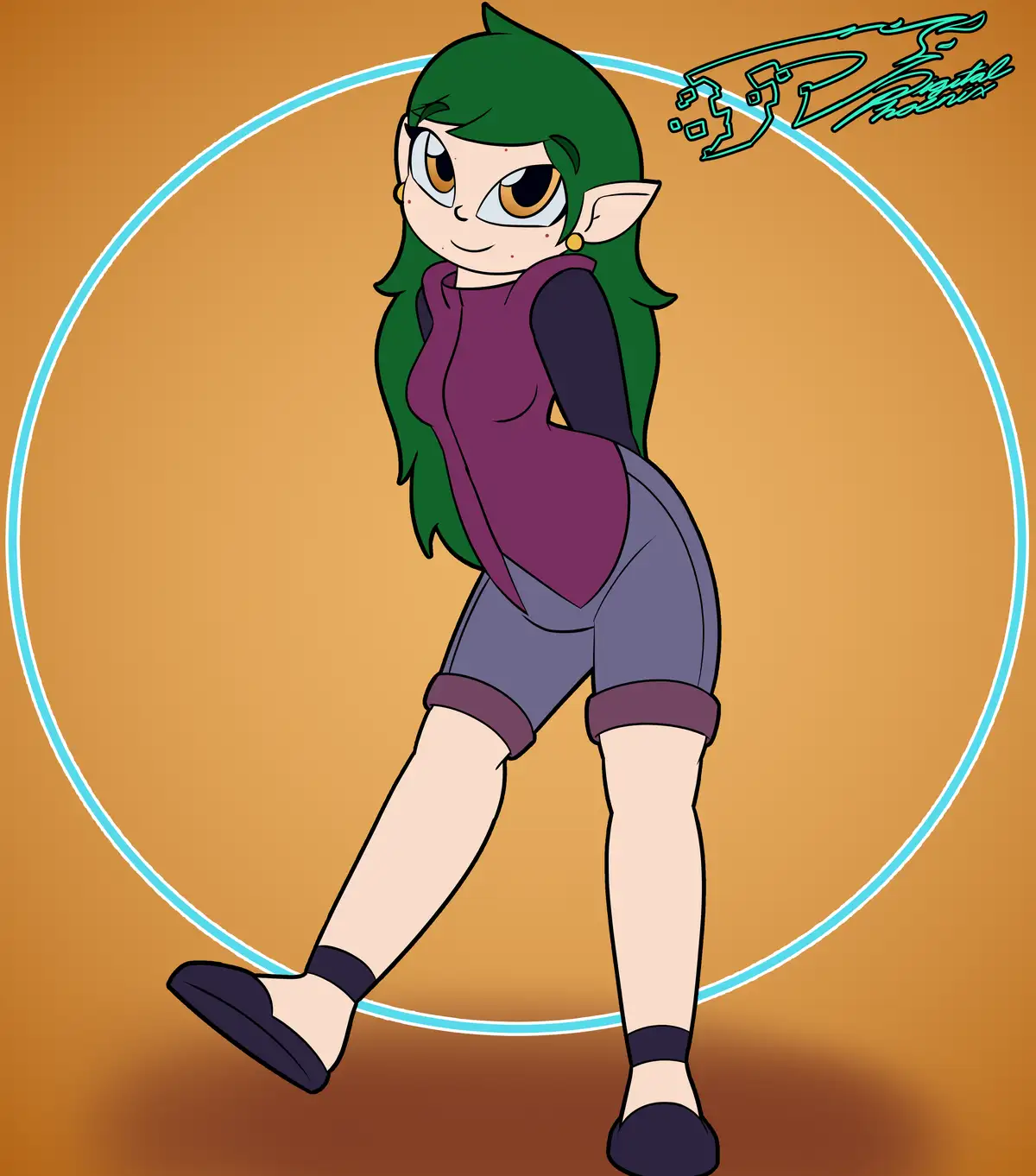 A cartoon elf girl with green hair and pointed ears poses confidently in a purple top and grey shorts, framed by a light…