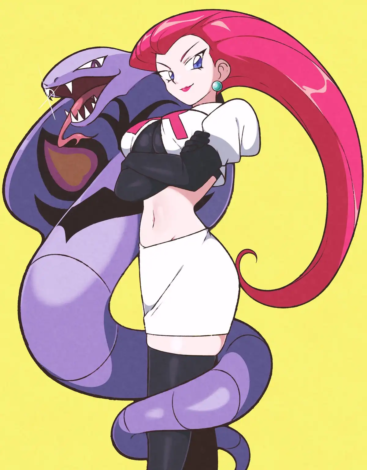 A stylized anime illustration shows a woman with long pink hair and a confident smirk, wearing a white and black outfit with…