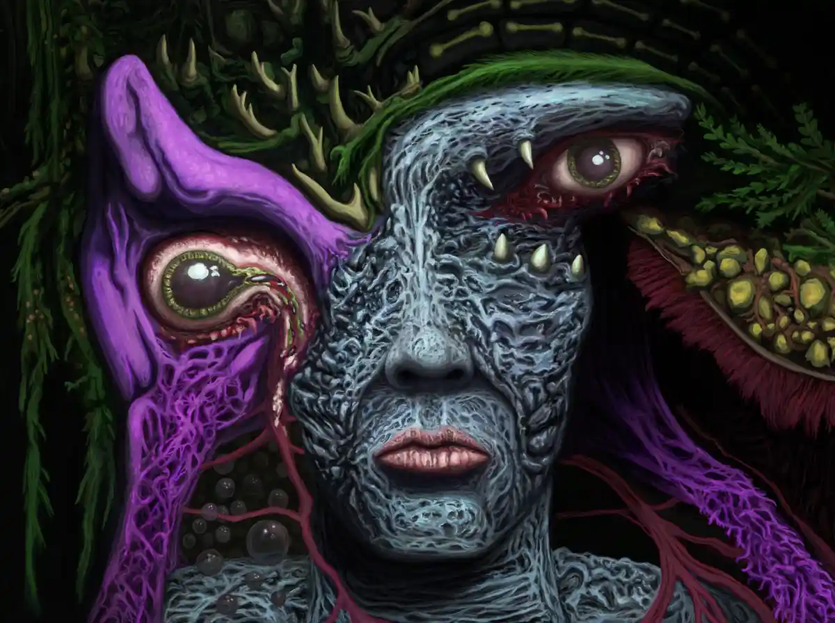 A grotesque, surreal digital painting depicts a humanoid face with a textured, grayish-blue, coral-like skin, surrounded by…