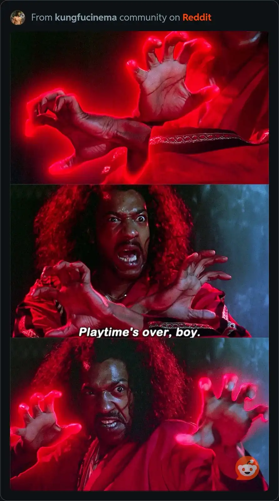 A three-panel meme featuring a man with long curly hair in a red robe, his hands glowing with red energy. In the middle…