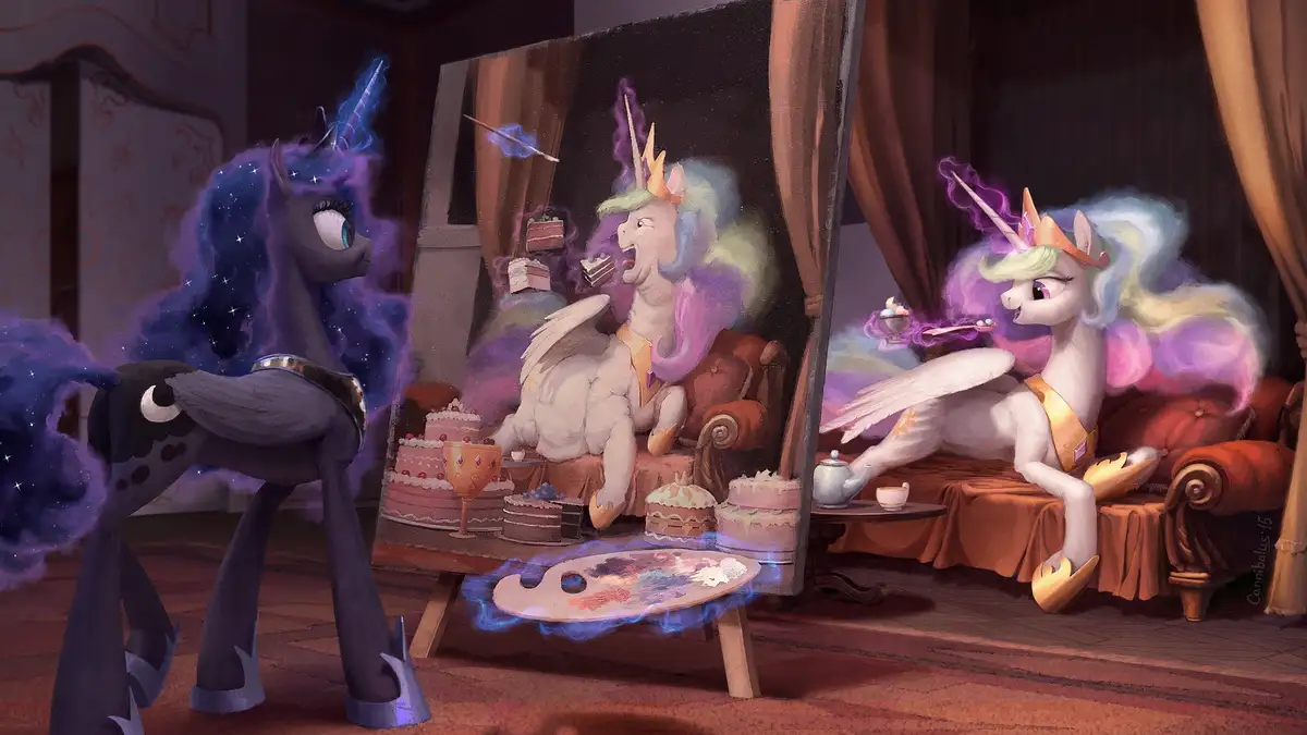 A dark purple unicorn with a starry mane and horn stands before a large painting of a white winged unicorn in a throne room…