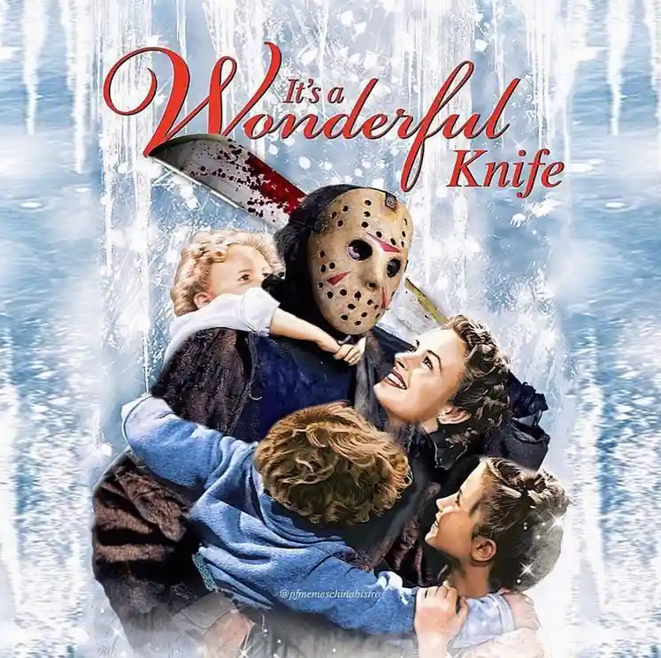 The image is a digitally altered movie poster featuring a Jason Voorhees mask from 'Friday the 13th' holding a bloody knife…