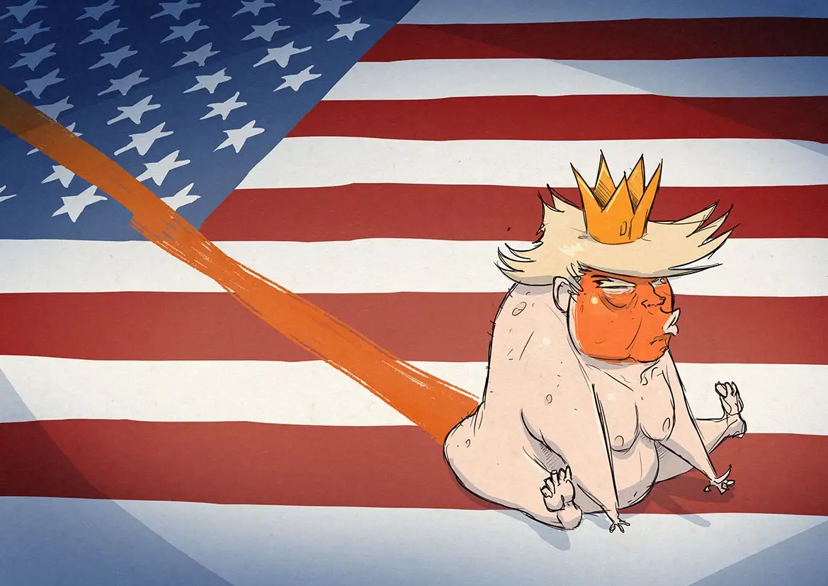 A cartoonish, obese, orange-skinned figure with spiky hair and a small golden crown sits naked on the red and white stripes…