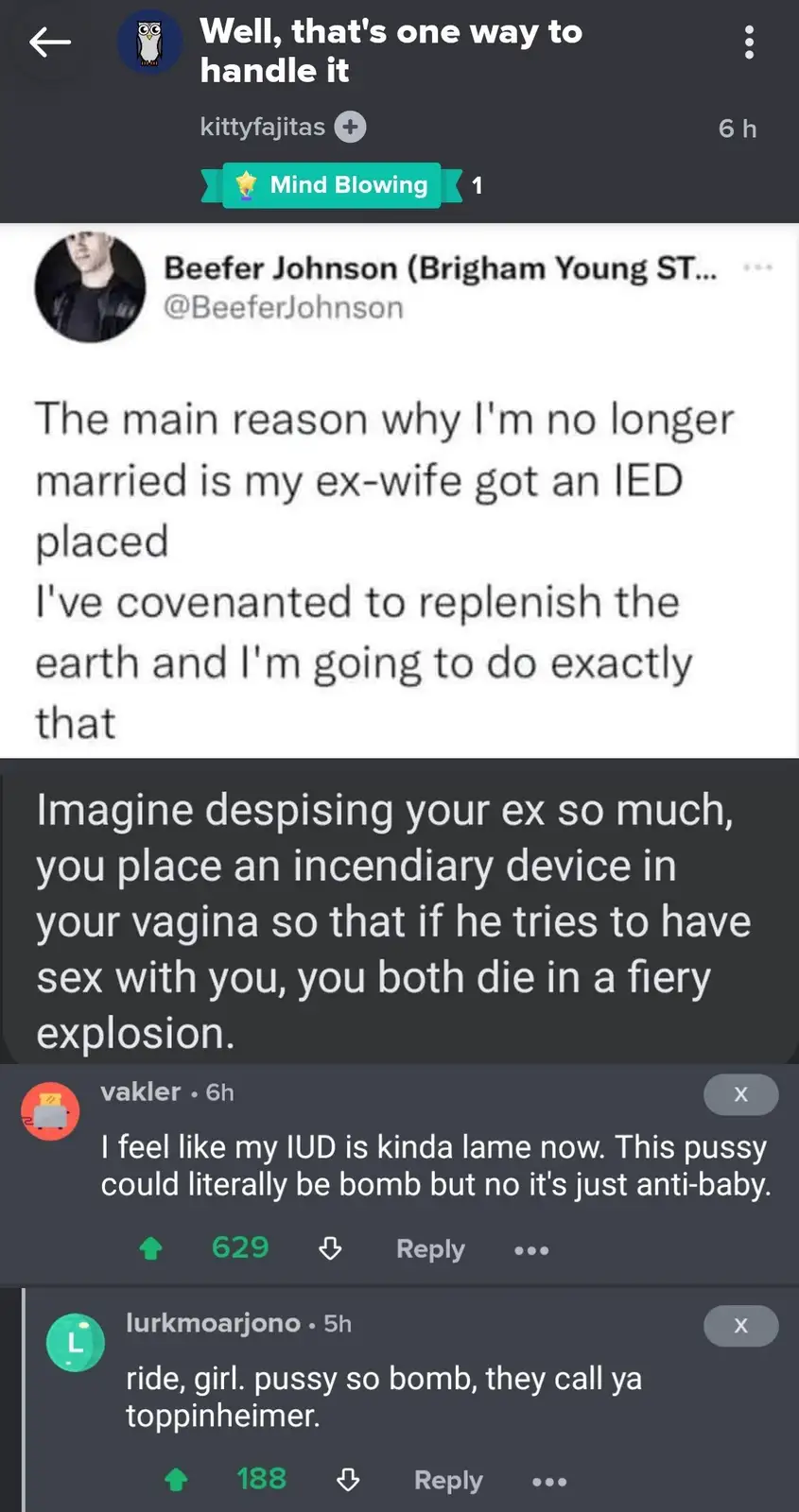 A screenshot of a Twitter thread where a user named Beefer Johnson claims his ex-wife had an IED placed, and he's vowed to…