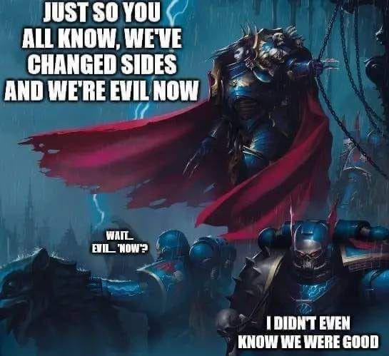 A dark, rainy scene features a towering armored figure with a red cape declaring they've switched to being evil. Below, two…