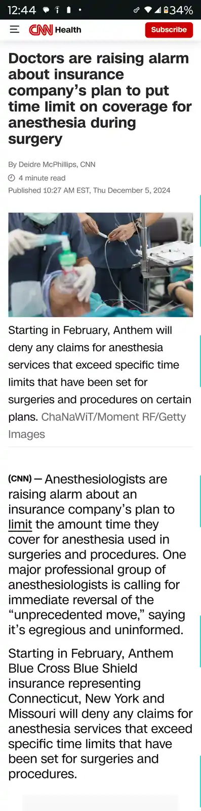 A screenshot of a CNN Health article about Anthem insurance limiting anesthesia coverage time. The image shows medical…