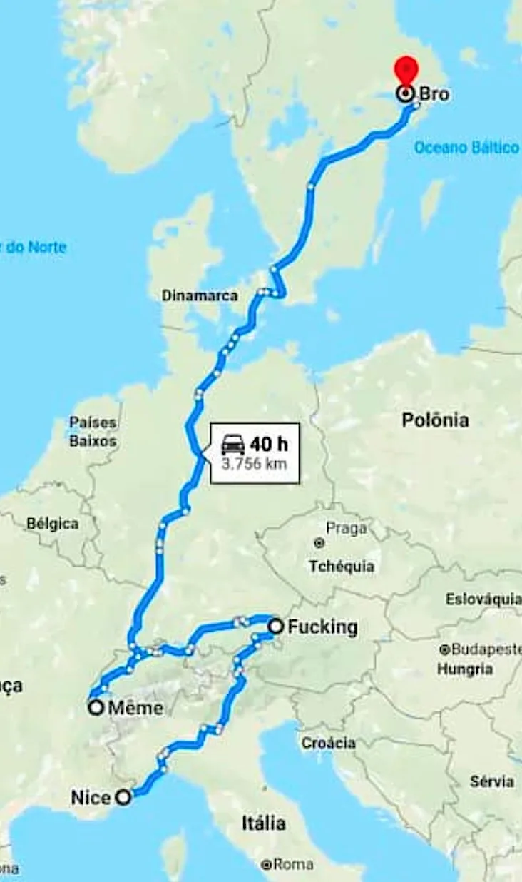 A map of Europe shows a long blue driving route from Nice to a red pin labeled 'Bro' near the Baltic Sea, passing through…