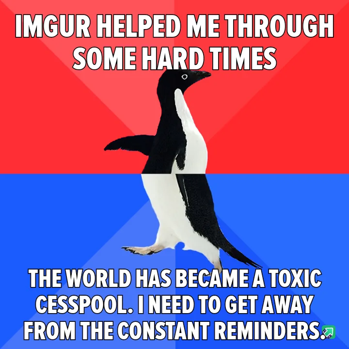 A penguin stands centered against a red and blue background, with white bold text overlaid in two sections. The top text…