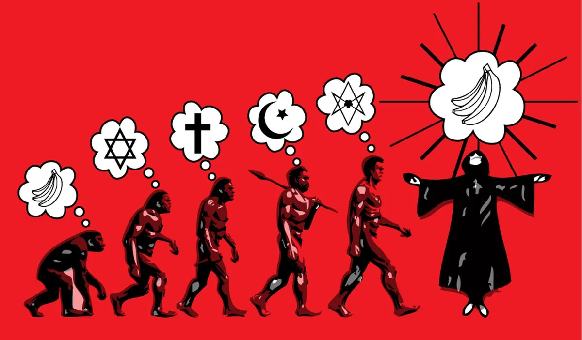 A red background shows a satirical evolution sequence from ape to human, each stage depicted with a thought bubble…