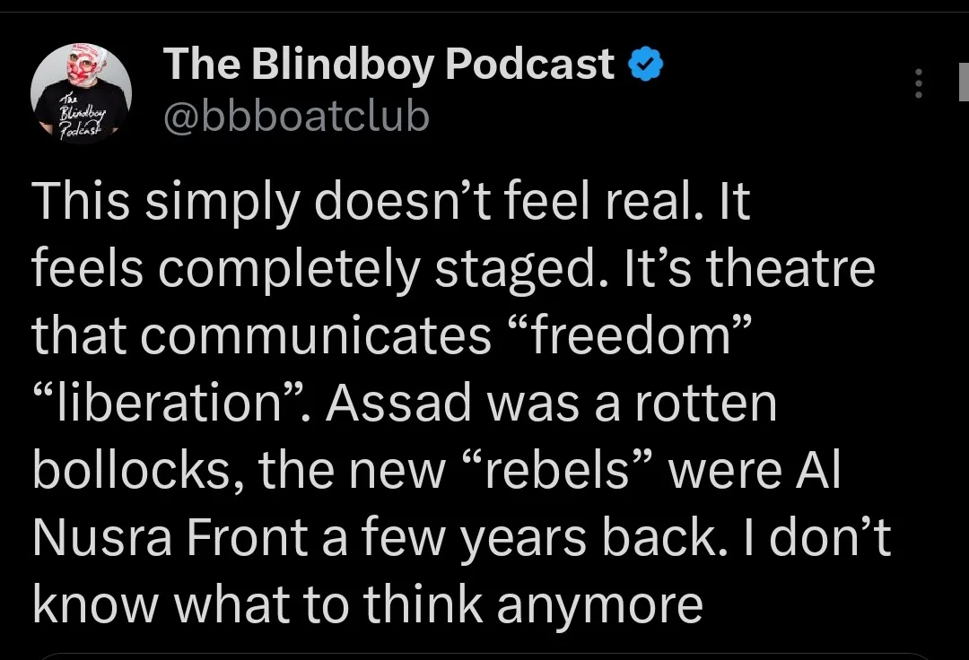 A screenshot of a tweet from 'The Blindboy Podcast' (@bbboatclub) with a black background and white text. The text expresses…