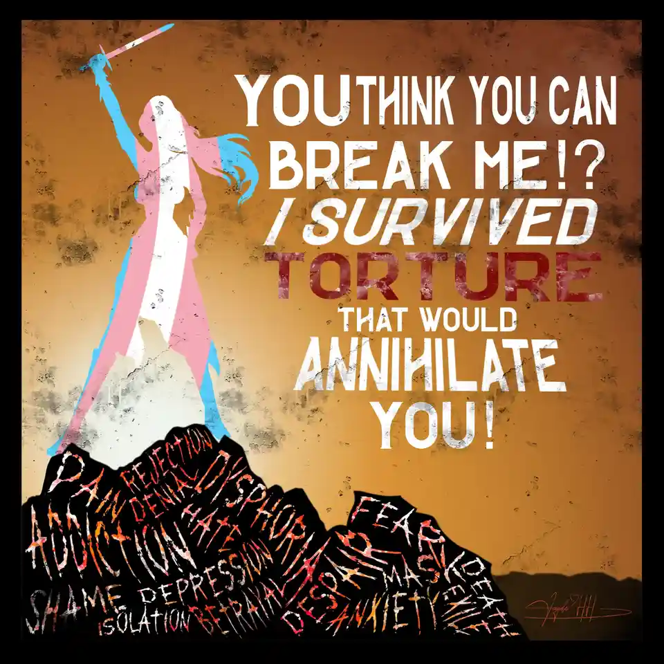 A stylized silhouette of a person holding a sword, colored with the pink, white, and blue transgender flag, stands…