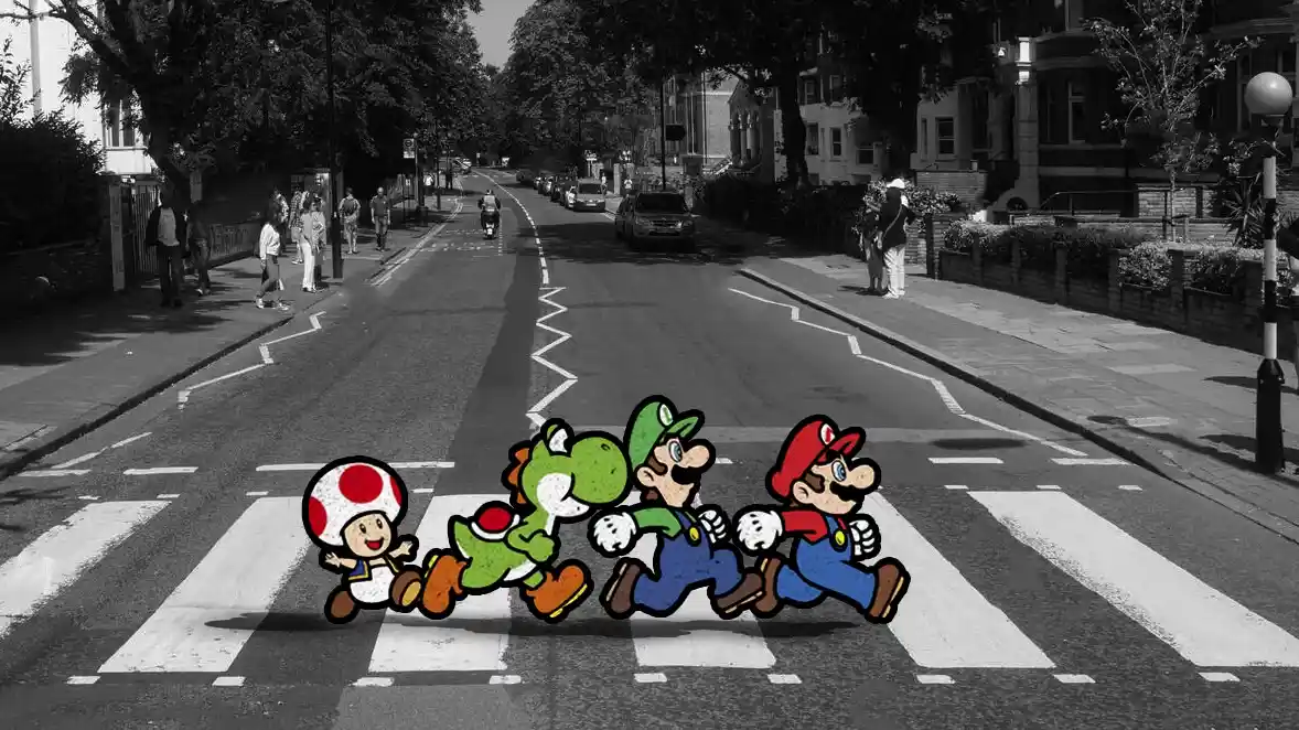 A black-and-white photo of a real street with pedestrians and cars, overlaid with colorful cartoon characters from the Mario…