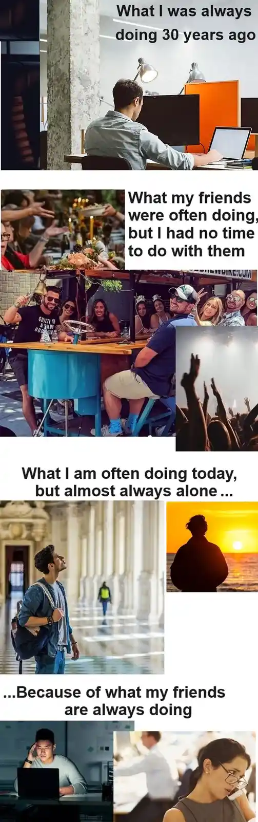 A vertical collage of five images with overlaid text. The top image shows a man working at a desk with two monitors. The…