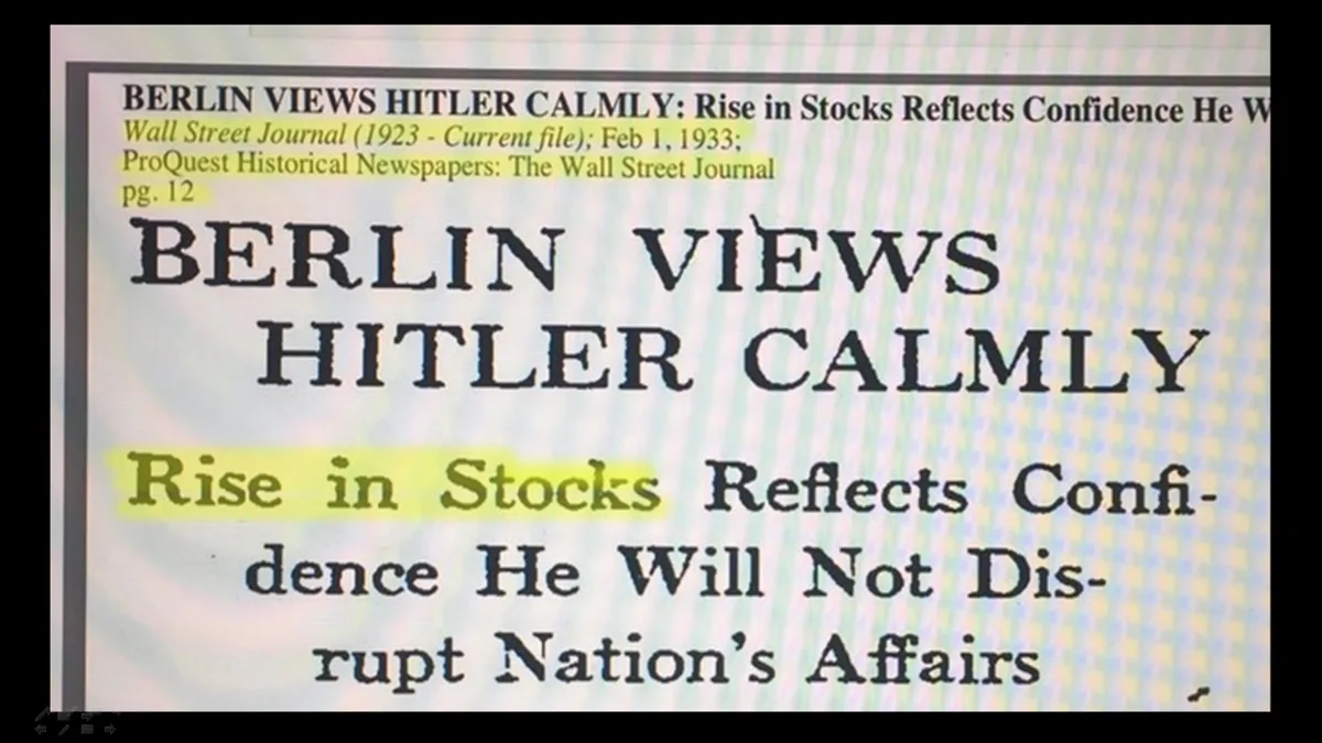 A screenshot of a 1933 Wall Street Journal article with the headline 'BERLIN VIEWS HITLER CALMLY' and subheading 'Rise in…