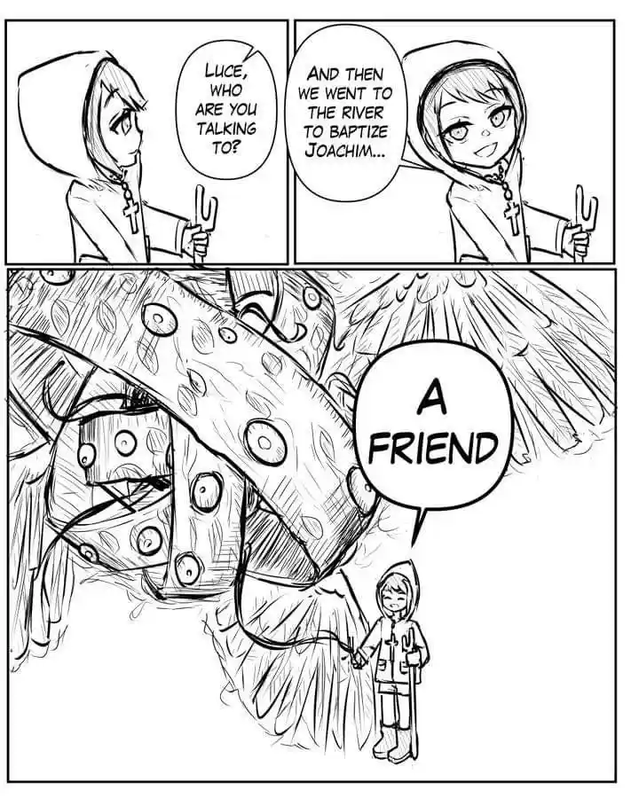 A black-and-white comic strip shows a hooded character asking another character, 'Luce, who are you talking to?' The second…
