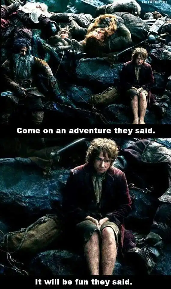 The image is split into two panels showing a scene from 'The Lord of the Rings' where hobbit Frodo Baggins sits among fallen…