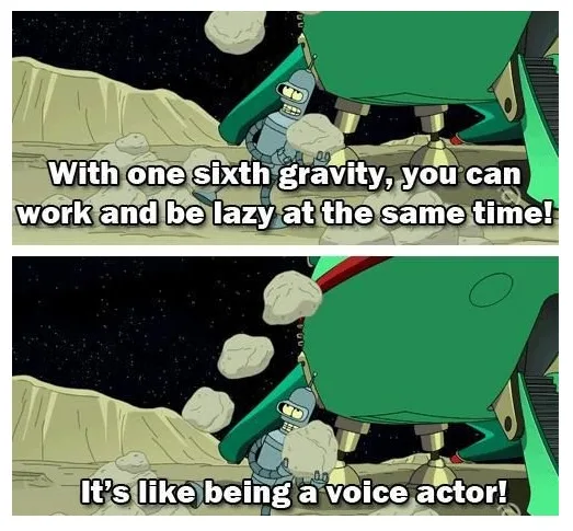 Two-panel comic strip from Futurama showing Bender, a robot, standing on a rocky, low-gravity planet. In the first panel, he…