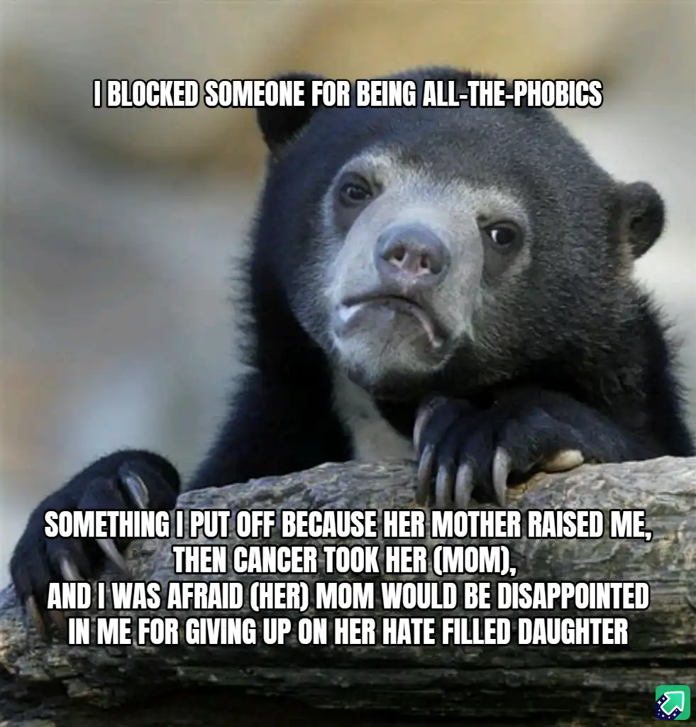 A close-up photo of a sad-looking sun bear resting its paws on a log, with white text overlaid in two blocks. The top text…
