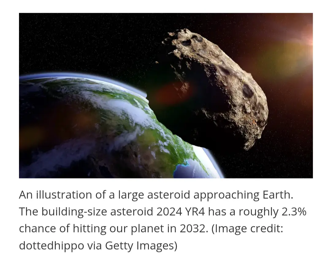 An illustration shows a large, rocky asteroid looming over the curved horizon of Earth, set against a starry black sky with…