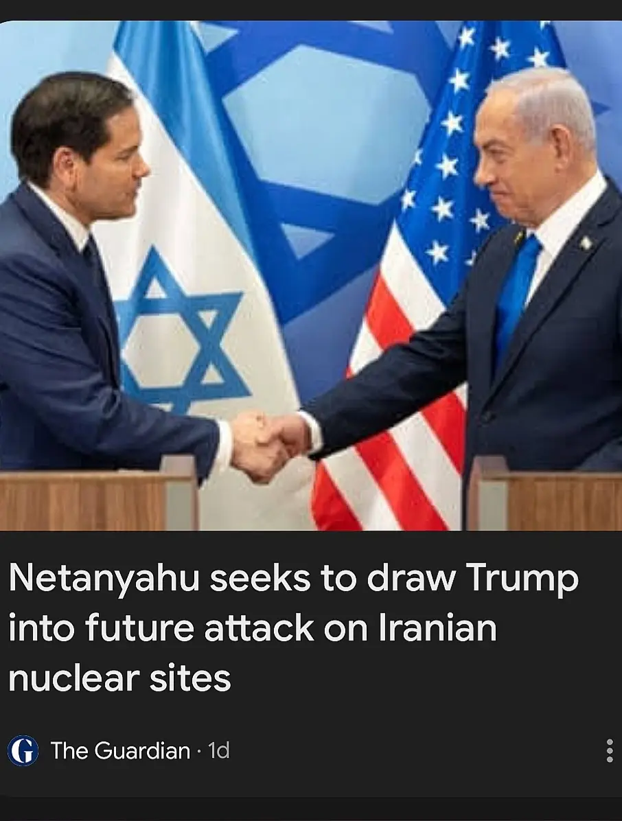 Two men in suits shake hands at podiums with Israeli and American flags behind them. The image is overlaid with text from…