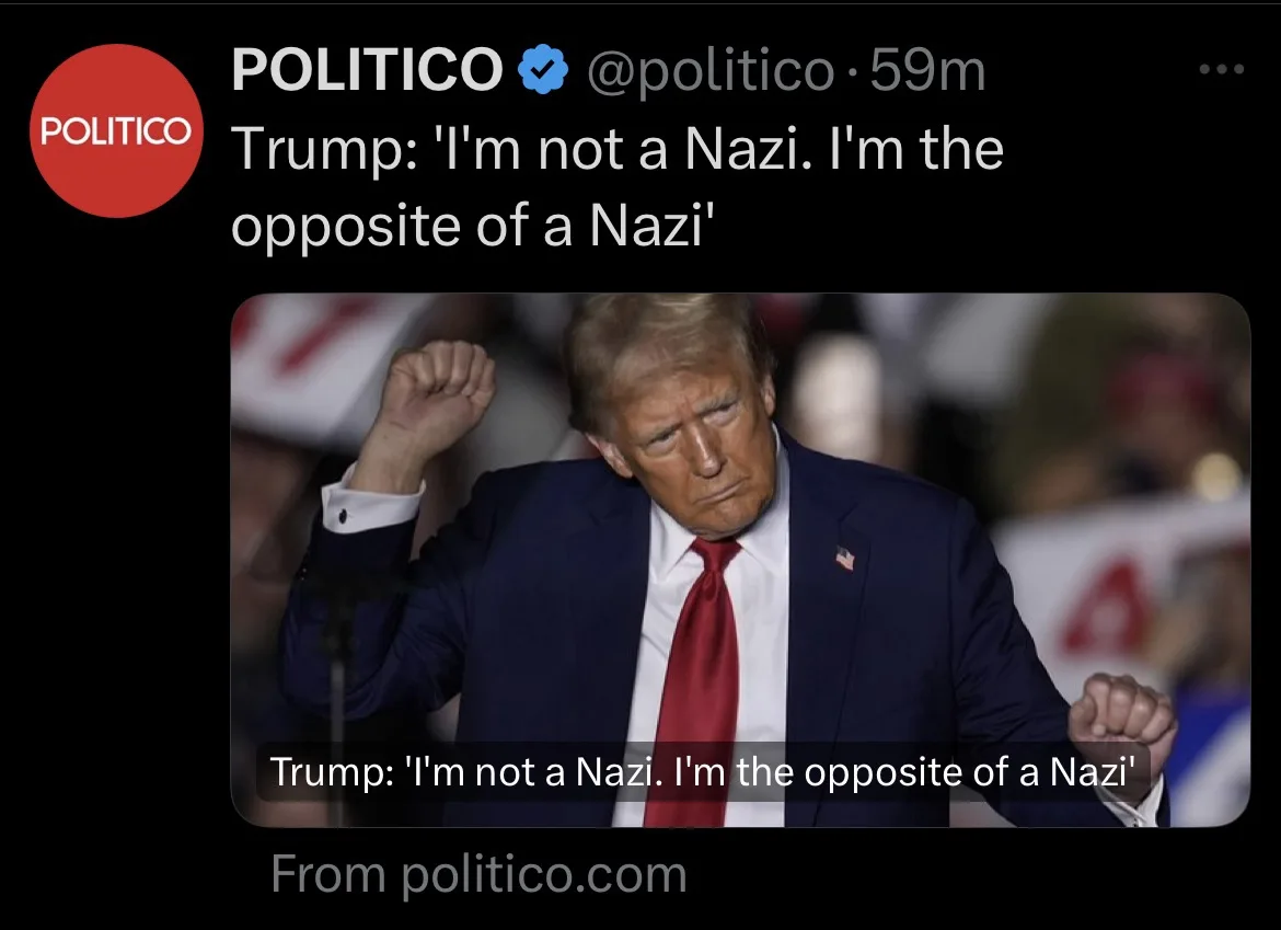 A screenshot of a tweet from POLITICO shows Donald Trump in a dark suit and red tie, raising his right fist while looking…
