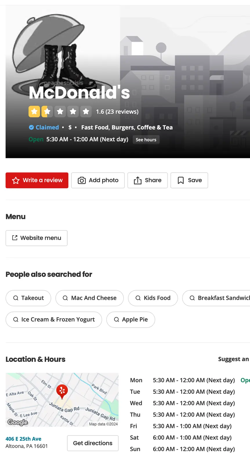 A screenshot of a Google Maps listing for McDonald's, showing a low 1.6-star rating from 23 reviews, a claimed status, and…