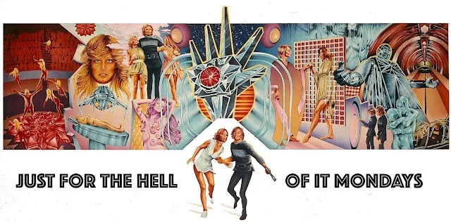 A surreal, colorful sci-fi collage featuring multiple figures in futuristic or fantastical settings, including a woman with…