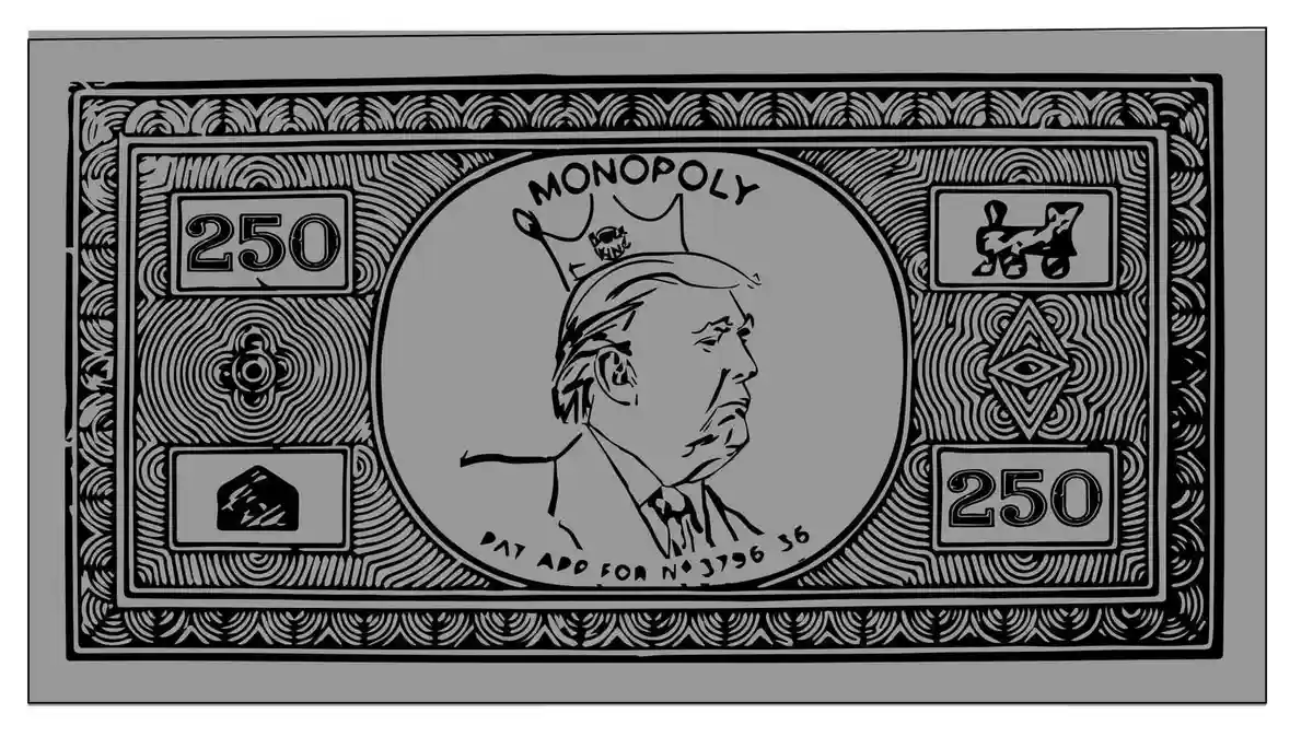A black-and-white illustration of a Monopoly game bill, featuring a portrait of Donald Trump wearing a crown labeled 'KING'…