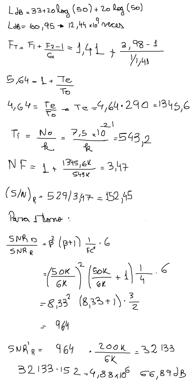 The image displays handwritten mathematical and engineering formulas on a white background, including calculations for LdB…