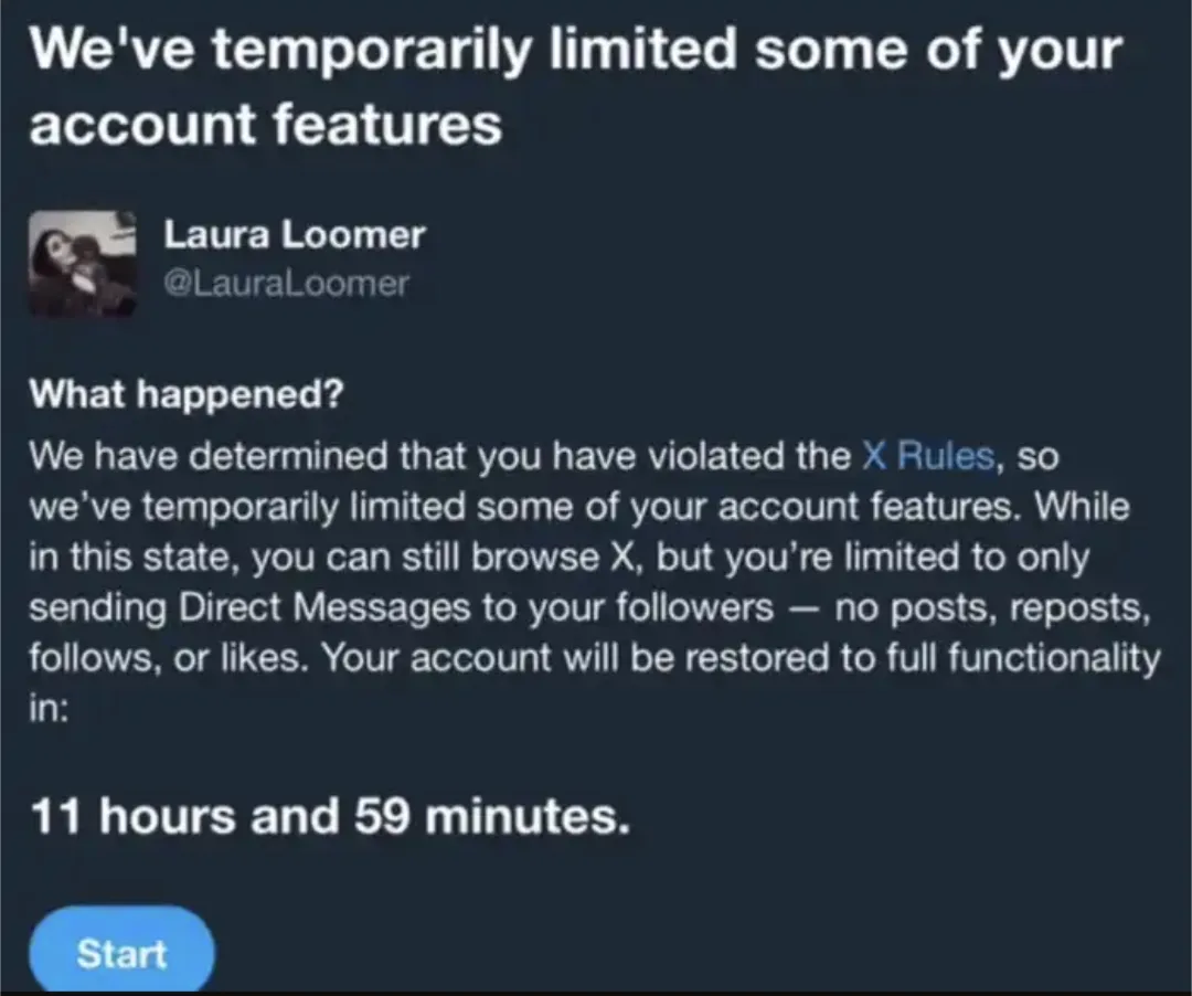 A screenshot of a Twitter/X account suspension notice for user Laura Loomer, stating that her account features have been…