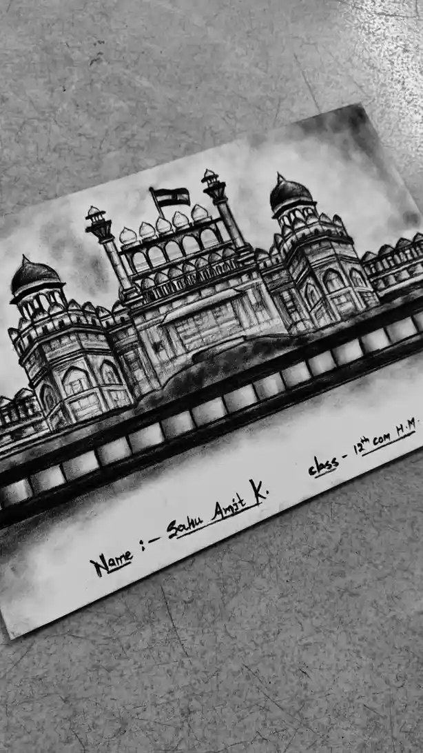 A black-and-white pencil drawing of a detailed Indian architectural structure, likely a historical monument, with a flag on…