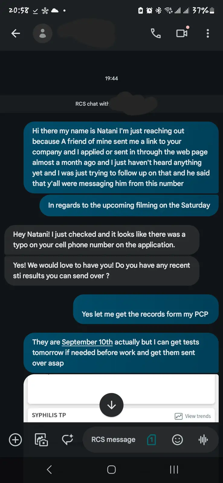 A screenshot of a text conversation where a person named Natani, who applied for a job or filming opportunity, is asked for…