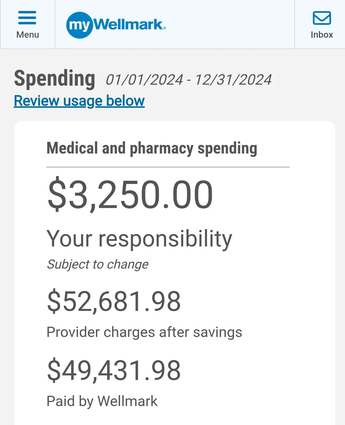 A screenshot of a MyWellmark health insurance app showing medical spending for 2024. The user's responsibility is $3,250.00…