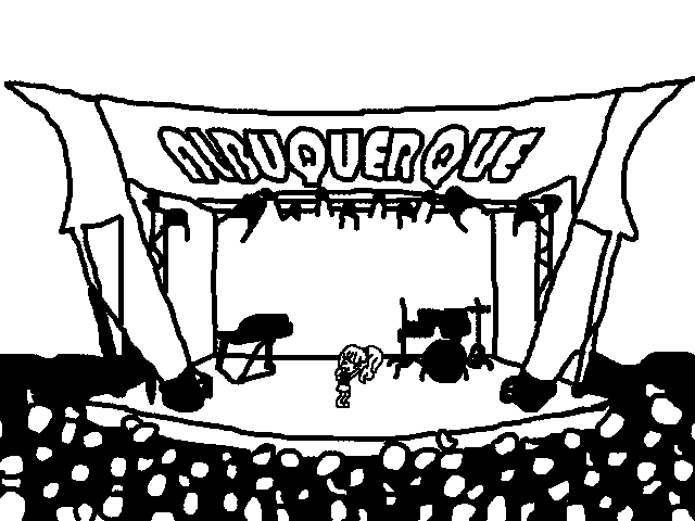A black-and-white line drawing depicts a small, cartoonish figure standing on a stage in front of a large banner that reads…