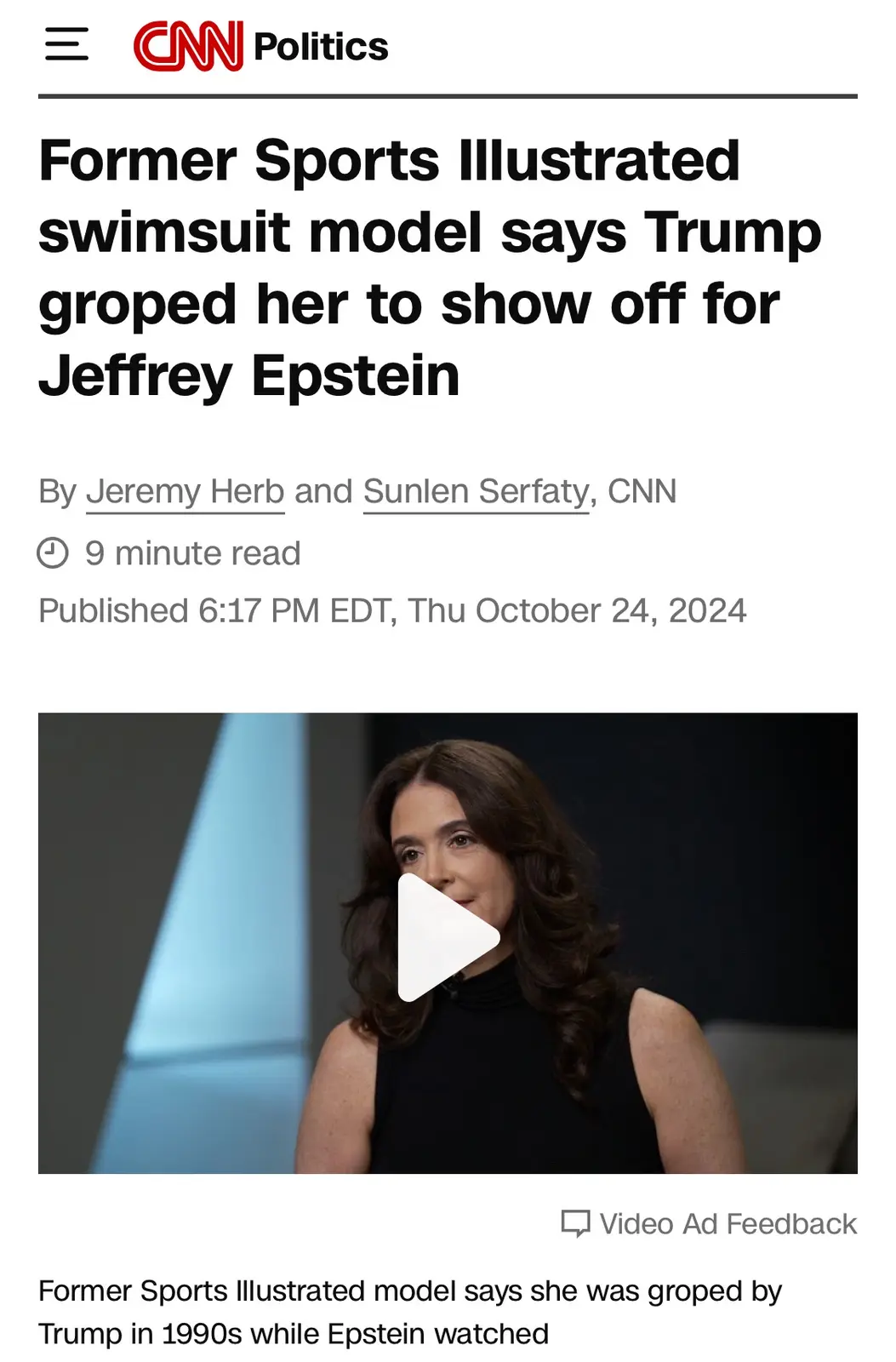 A screenshot of a CNN Politics article with a headline stating 'Former Sports Illustrated swimsuit model says Trump groped…