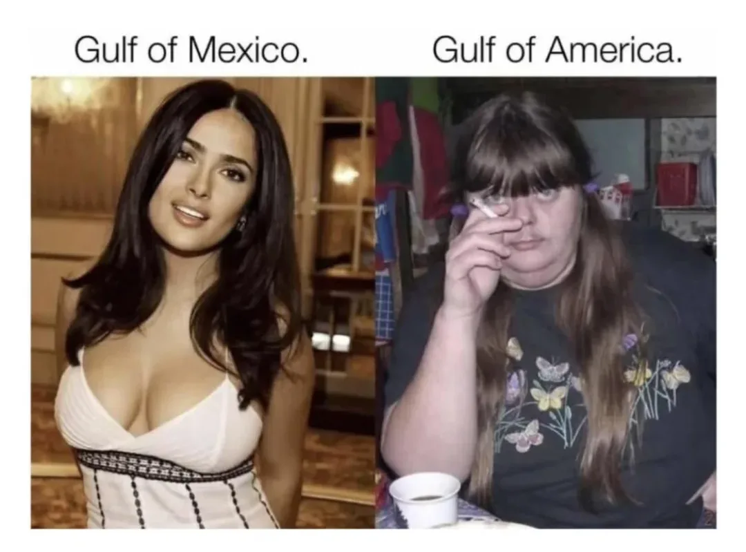 The image displays two side-by-side photos: on the left, a glamorous woman in a white dress labeled 'Gulf of Mexico.' On the…