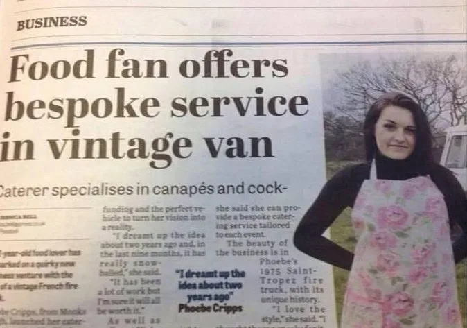 A newspaper clipping shows a woman in an apron standing beside a vintage van, with the headline 'Food fan offers bespoke…