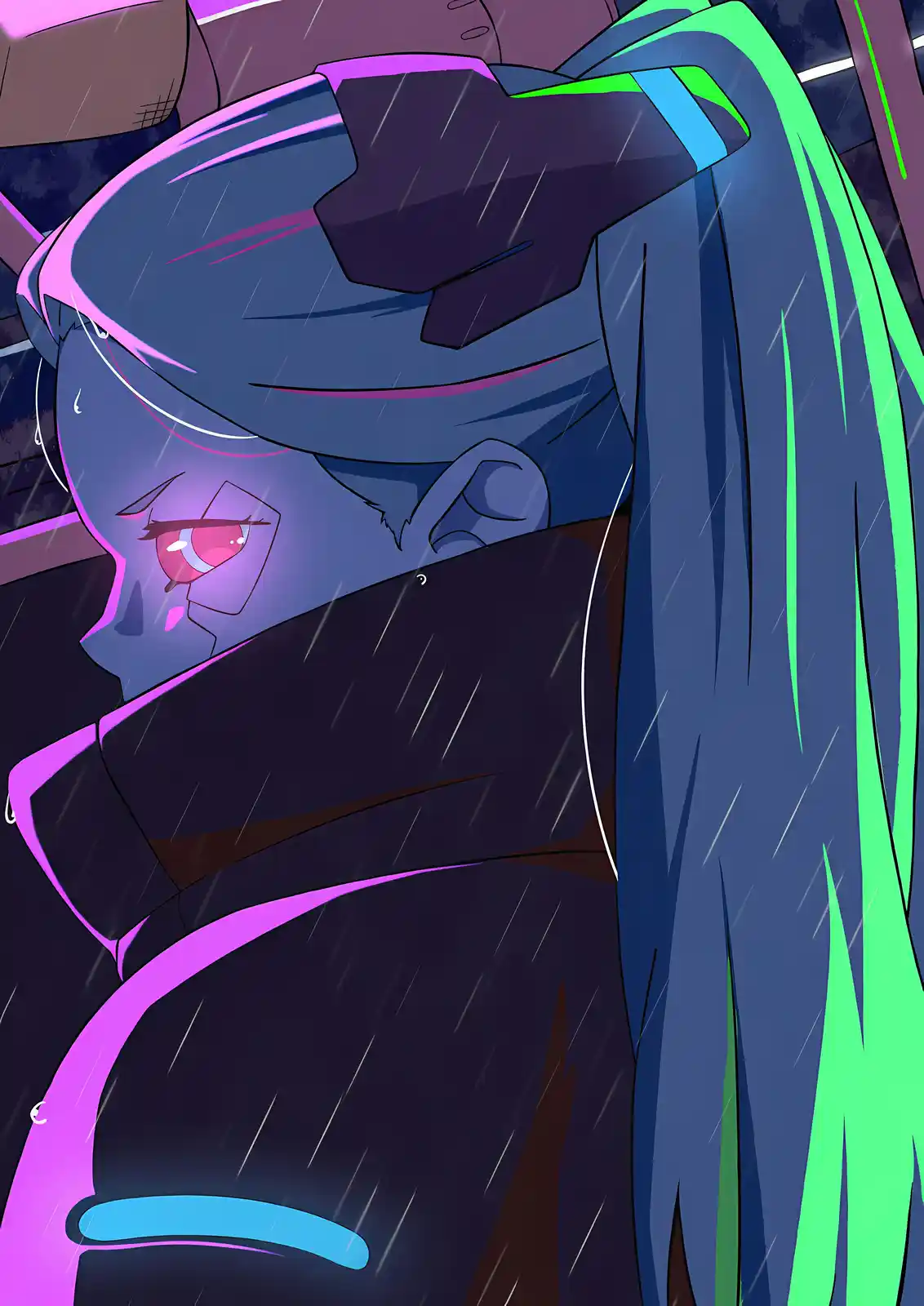 An anime-style character with blue hair and pink eyes is shown in a rainstorm, looking down with a tear falling from their…
