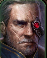 A close-up portrait of a stern-looking older man with a cybernetic eye glowing red, set against a dark background. The text…