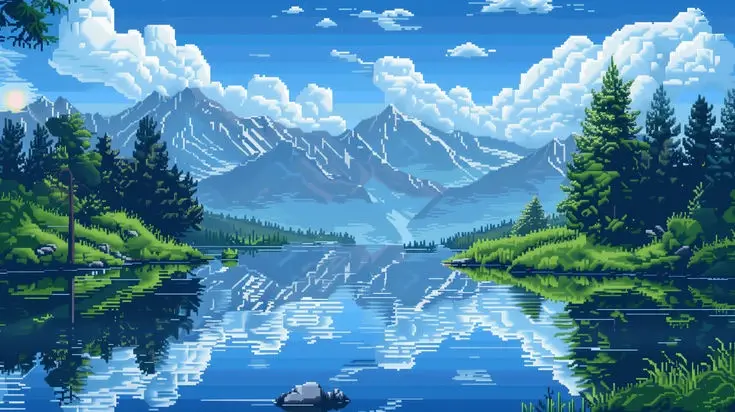 A pixel-art landscape featuring a calm lake reflecting snow-capped mountains and fluffy clouds under a bright blue sky, with…