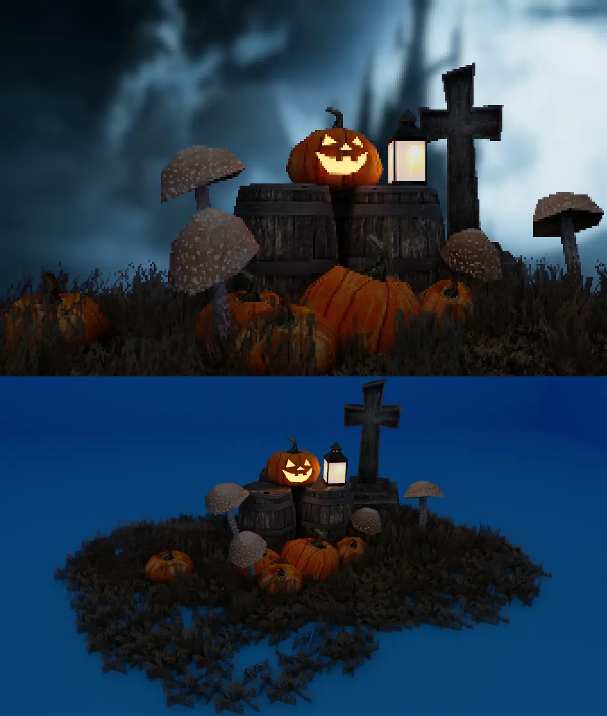 The image displays a Halloween-themed 3D scene split into two panels. The top panel shows a spooky graveyard setup with…
