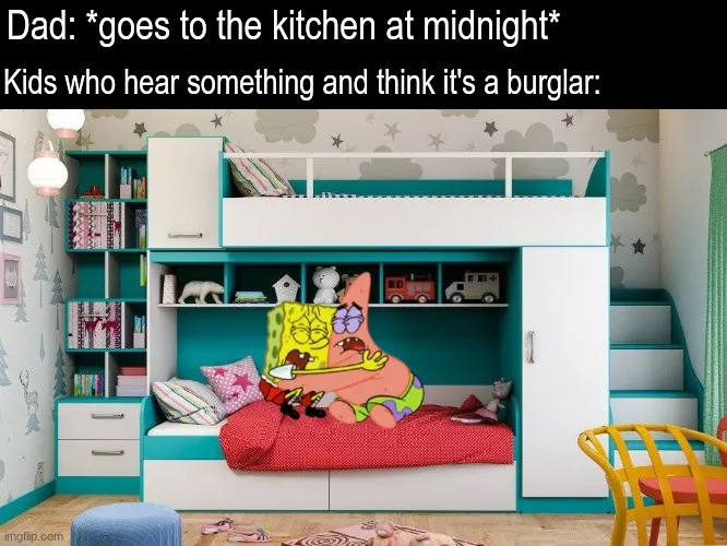 A cartoon image of SpongeBob SquarePants wearing glasses and a purple bowtie, sitting up in bed in a child's bedroom with a…