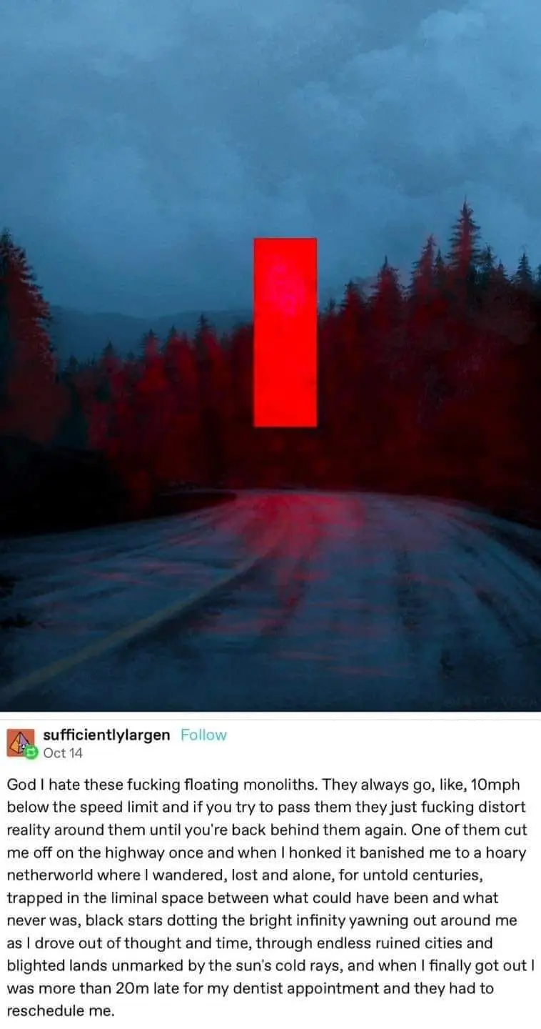 A dark, atmospheric image of a wet road winding through a forest under a gloomy sky, with a large, glowing red rectangular…